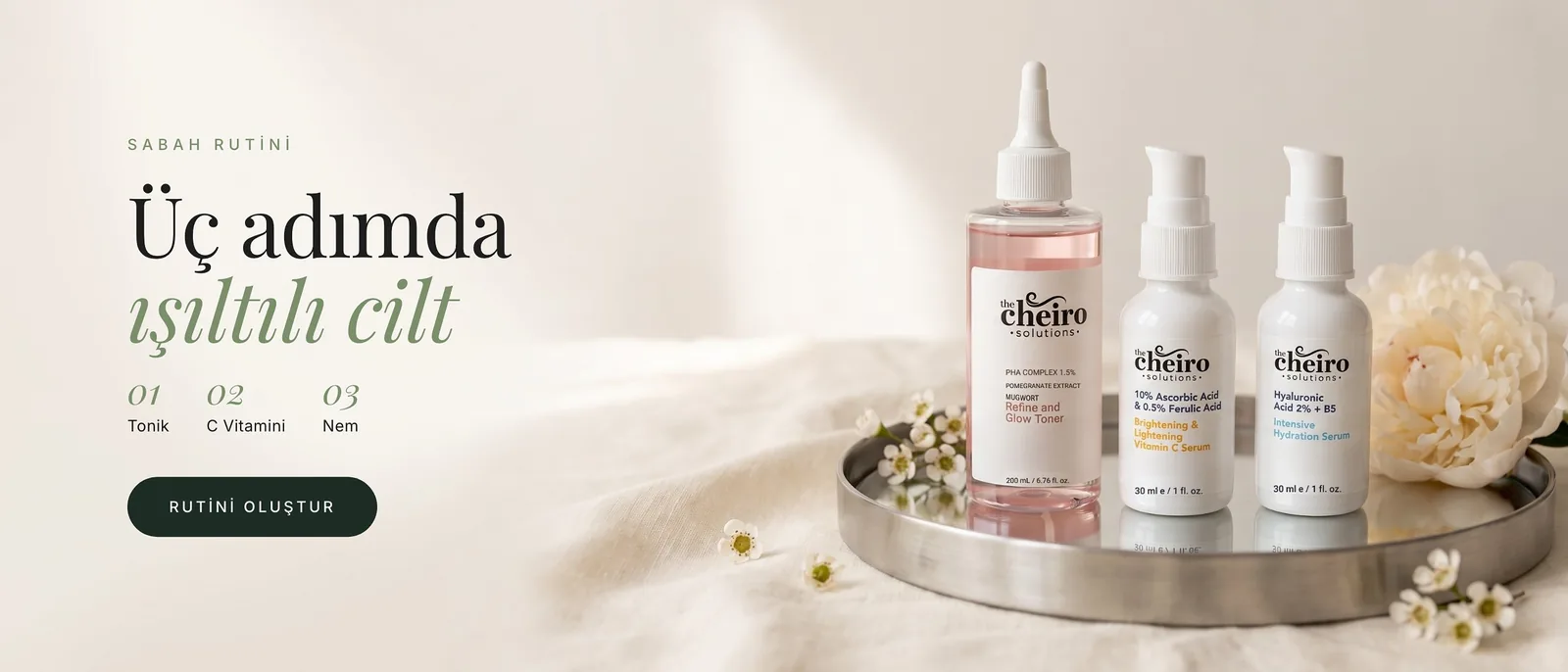 Üç adımda ışıltılı cilt: tonik, C vitamini serumu ve nemlendirici serum